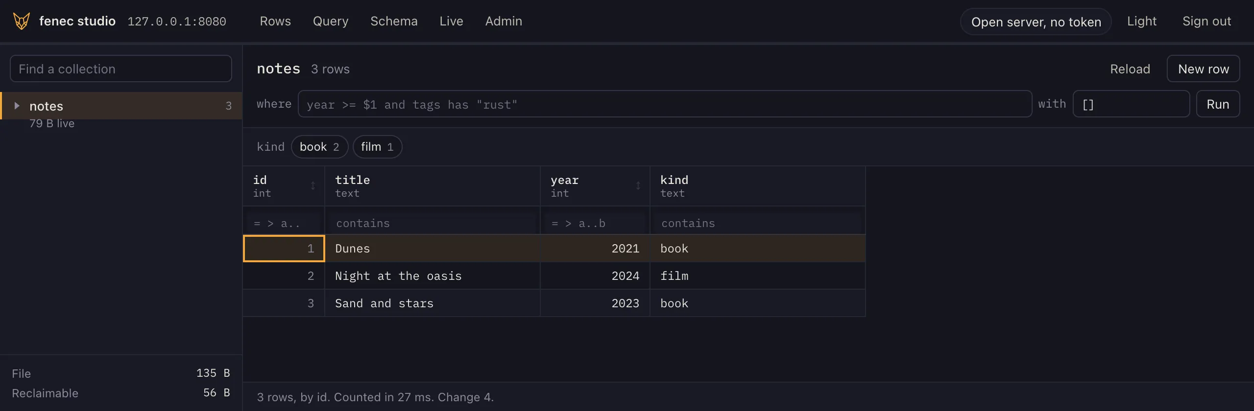 fenec studio on the quickstart's server: the notes collection in the sidebar, the counts of book and film above the grid, and its three rows, Dunes from 2021, Night at the oasis from 2024 and Sand and stars from 2023