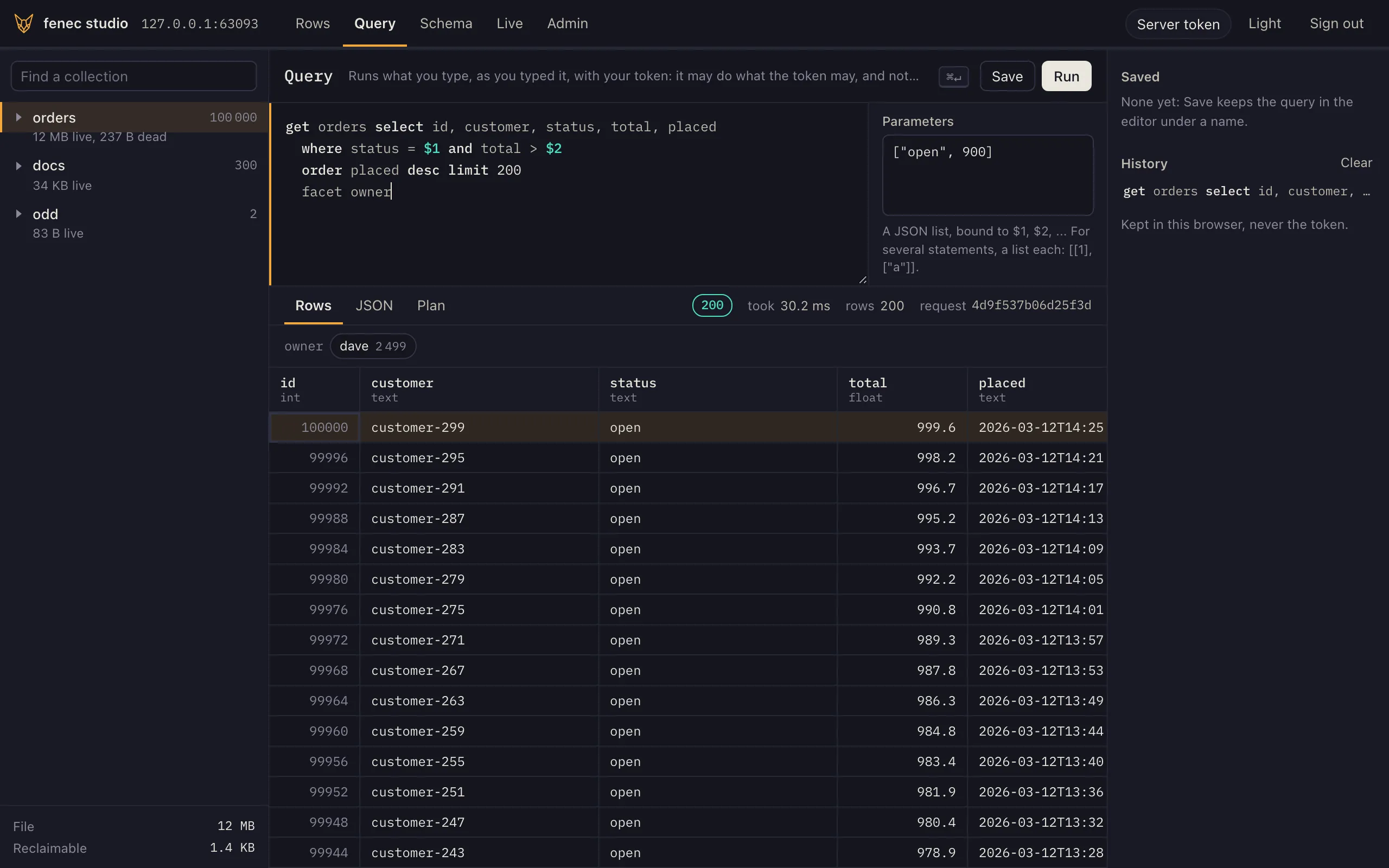 fenec studio's query editor, dark: a get over orders with two parameters, coloured as the docs colour FenecQL, its 200 rows in the grid under it with counts by owner, the status, the time, the rows and the request id beside the tabs, and the saved and past queries on the right