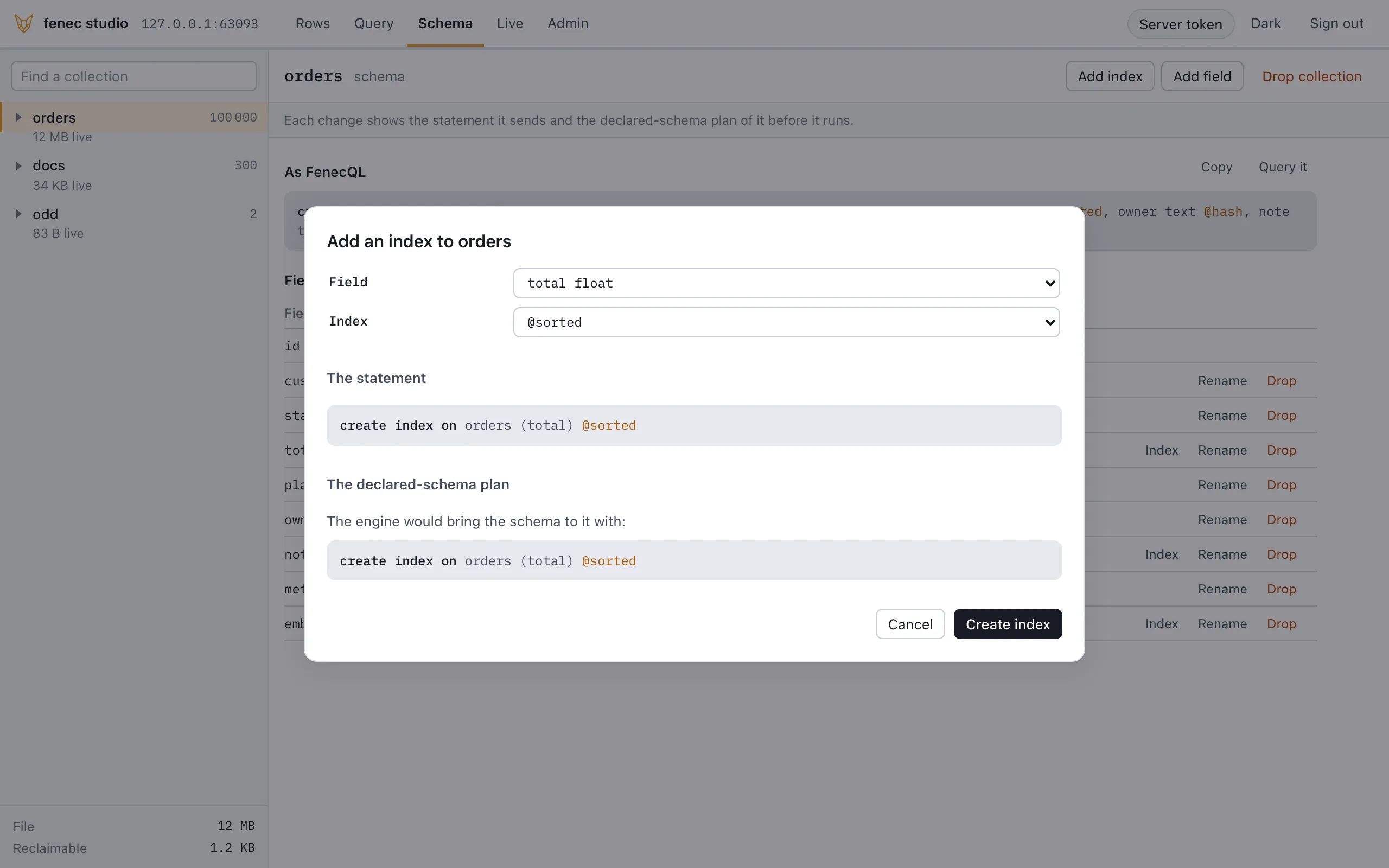 fenec studio's schema view, light: adding a sorted index on the total field of orders, the dialog showing the create index statement it will run and the same statement from the server's declared-schema plan